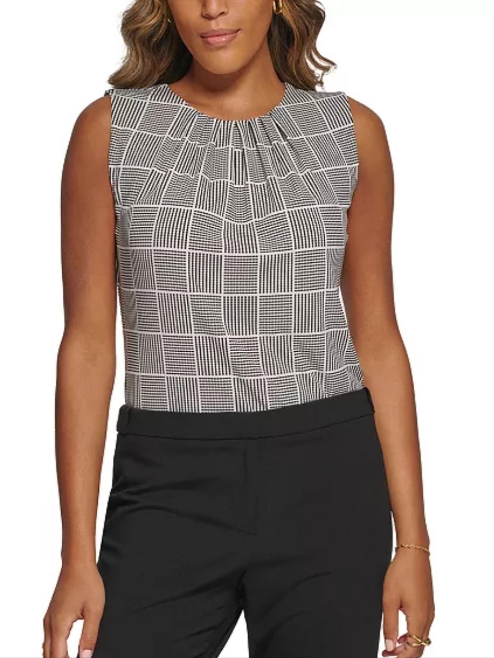 Calvin Klein Black and White Sleeveless Pleated Neck Blouse